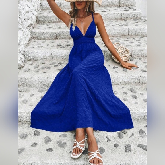 New Flowy Textured Striped Halter Maxi Dress Royal Blue - Picture 6 of 8